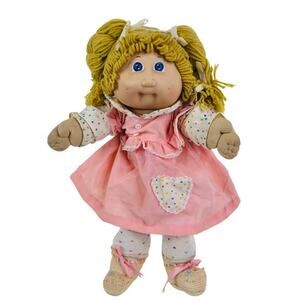 VTG 1984 Cabbage Patch Kid Girl Pigtails Blue Eyes Pink Dress Fully Dressed Doll